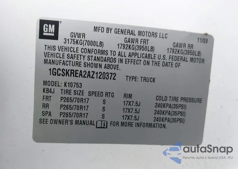 2010 Chevrolet Silverado 1500 Ls z USA, uszkodzony, nr VIN 1GCSKREA2AZ120372